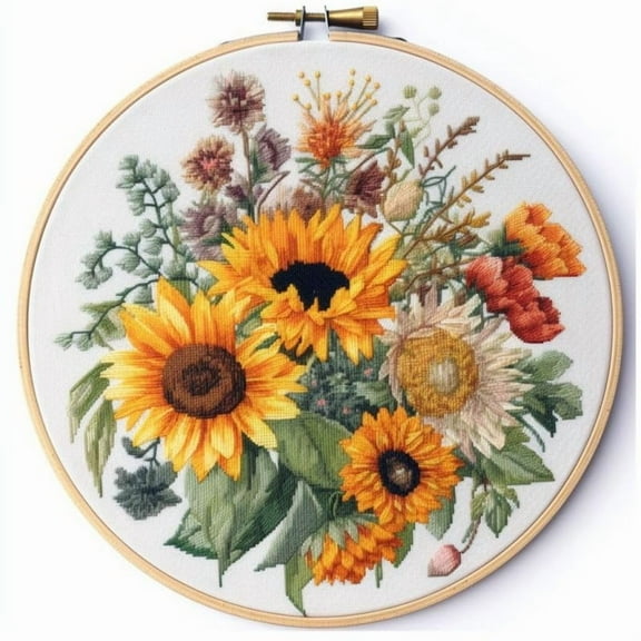 Counted Easy Cross Stitch Kits Sunflowers Color Stamped Embroidery for Starter Kits DIY 11CT Stamped Patterns Embroidery Needlework Kit Supplies 12 Inch Hoop Included(115-X)