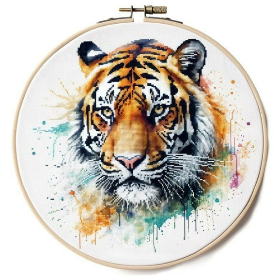 Counted Easy Cross Stitch Kits Tiger Color Stamped Embroidery for Starter Kits DIY 11CT Stamped Patterns Embroidery Needlework Kit Supplies 12 Inch Hoop Included(118-X)