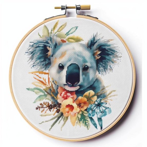 Counted Easy Cross Stitch Kits Watercolor Koala Color Stamped Embroidery for Starter Kits DIY 11CT Stamped Patterns Embroidery Needlework Kit Supplies 12 Inch Hoop Included(119-f)