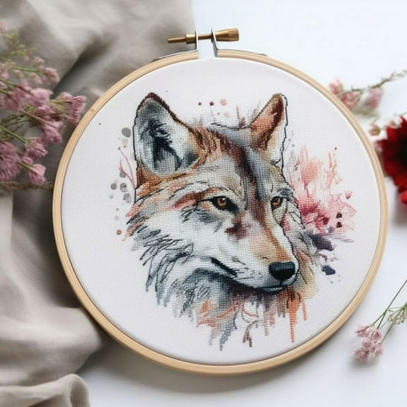 Counted Easy Cross Stitch Kits Wolf Color Stamped Embroidery for Starter Kits DIY 11CT Stamped Patterns Embroidery Needlework Kit Supplies 12 Inch Hoop Included(128-X)