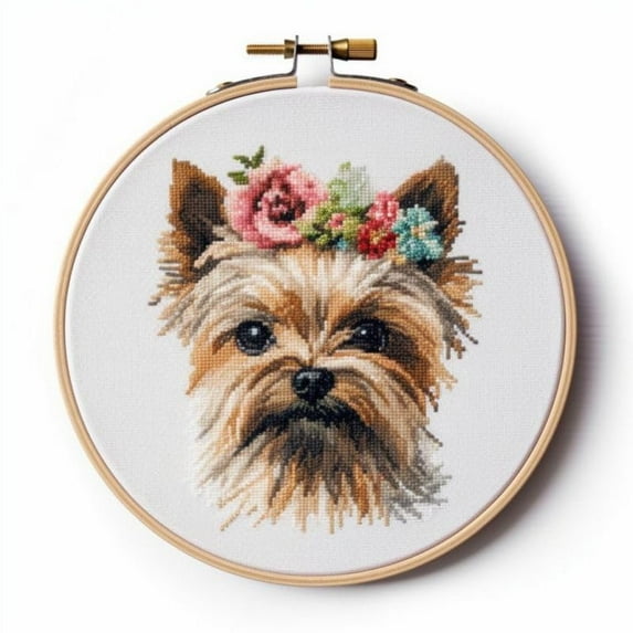 Counted Easy Cross Stitch Kits Yorkshire Terrier Color Stamped Embroidery for Starter Kits DIY 11CT Stamped Patterns Embroidery Needlework Kit Supplies 12 Inch Hoop Included(173-A)