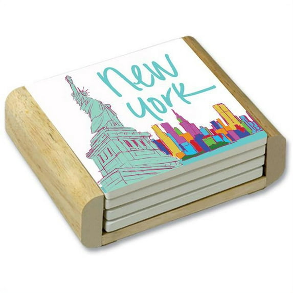 Counter Art 88165 New York Skyline Absorbent Coaster & Wood Holder - Pack of 12 - 4 per Pack