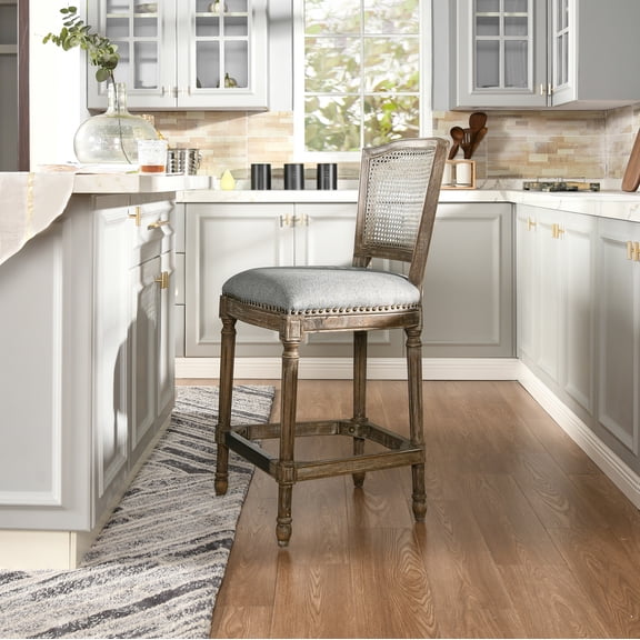 Counter Bar Stool, French Country High Back Armless Chair with Woven Rattan Wicker, Solid Oak Wood Frame and Heathered Grey Linen Upholstery, Brass Footrest for Kitchen and Dining