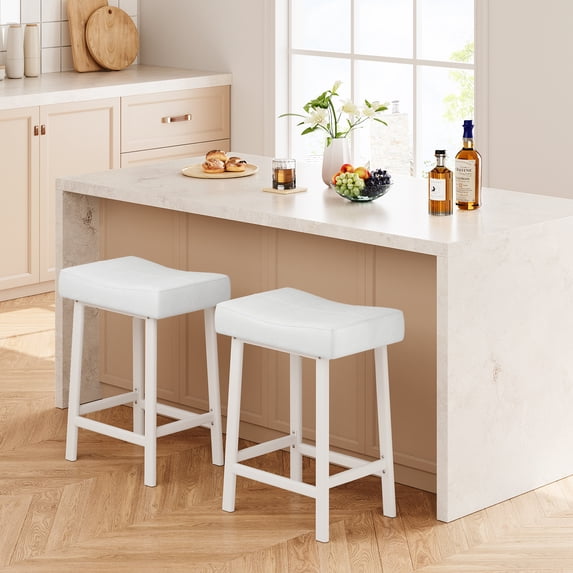 Counter Height 24" Barstools Set of 2, Modern Upholstered Counter Stool with Curved Surface, PU Leather Backless Saddle Stool, for Kitchen Counter or Home Bar