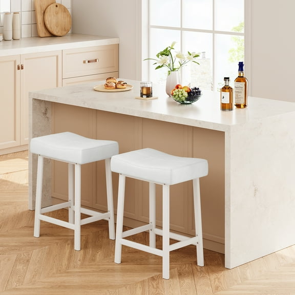 Counter Height 24" Barstools Set of 2, Modern Upholstered Counter Stool with Curved Surface, PU Leather Backless Saddle Stool, for Kitchen Counter or Home Bar