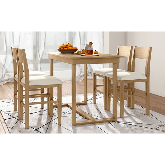Counter Height 5-Piece Dining Set | Rustic Appearance with Minimalism | Rubberwood and Linen Fabric | Space-Saving Feature