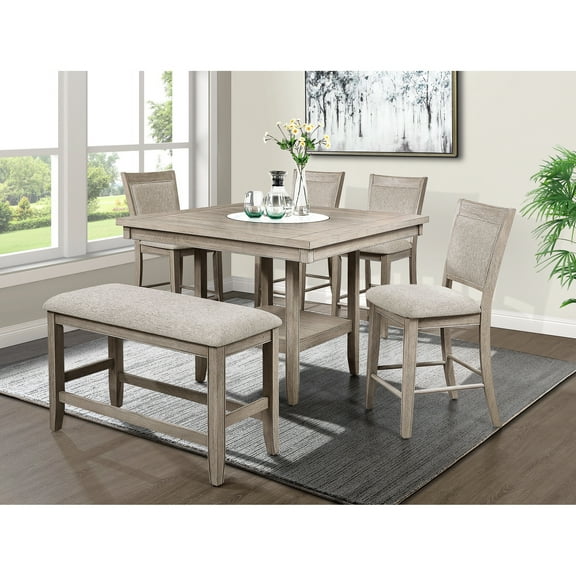 Counter Height 6pc Dining Arrangement - Square Faux Marble Lazy Table, Tan/beige Gray Upholstered Seating, Wood Transitional Style With White , Chairs, Solid Bench