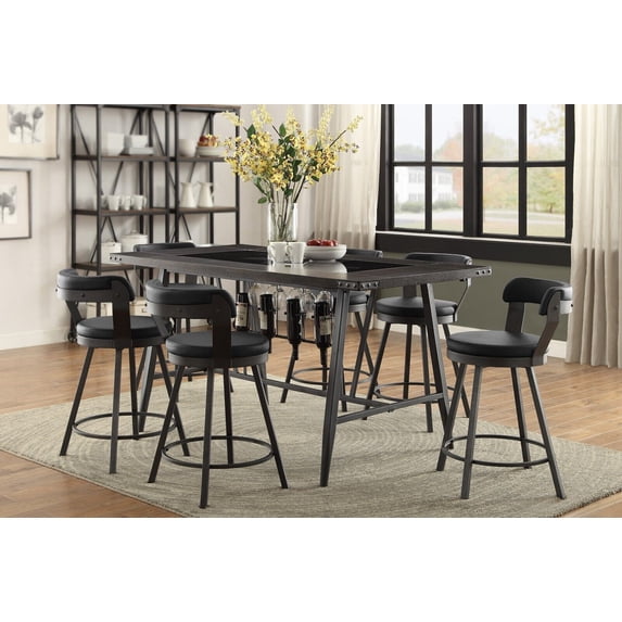Counter Height 7pc Set Table w/ Wine Rack Glass Insert Top 6x Swivel Counter Height Black Chairs Dining Room Furniture
