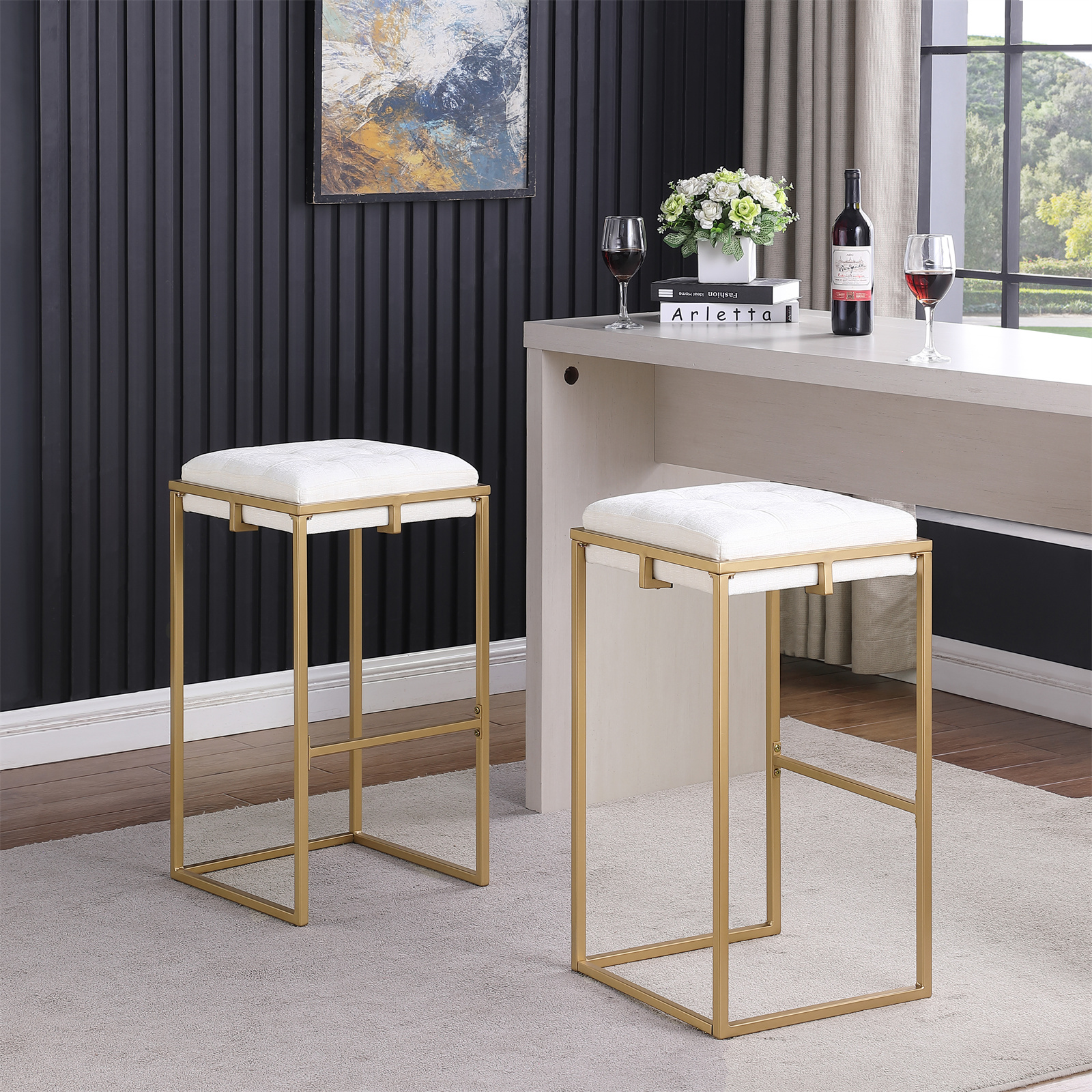 Counter Height Bar Chairs Set of 2, Upholstered Chenille Fabric Bar ...