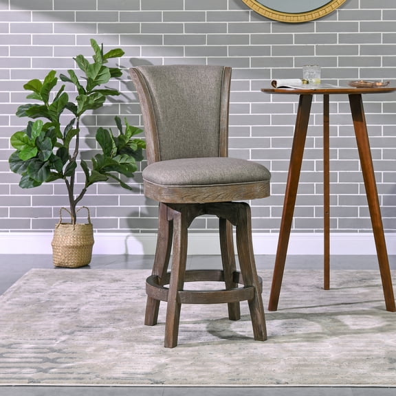 Counter Height Bar Stool, Heathered Grey Linen Upholstered Armless Swivel Chair with High Backrest, Solid Hardwood Legs and Brass-Plated Footrest for Kitchen Island and Counter Table