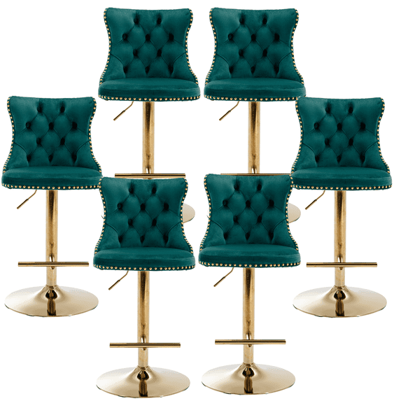 Counter Height Bar Stools from 25-33 Inch, Swivel Barstools with High Back, Button Tufted and Nailheads Trim, Velvet Upholstered Bar Chairs for Dining Room (Green with Gold Base,Set of 6)
