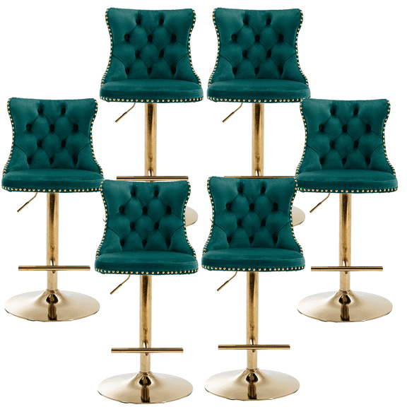 Counter Height Bar Stools from 25-33 Inch, Swivel Barstools with High Back, Button Tufted and Nailheads Trim, Velvet Upholstered Bar Chairs for Dining Room (Green with Gold Base,Set of 6)