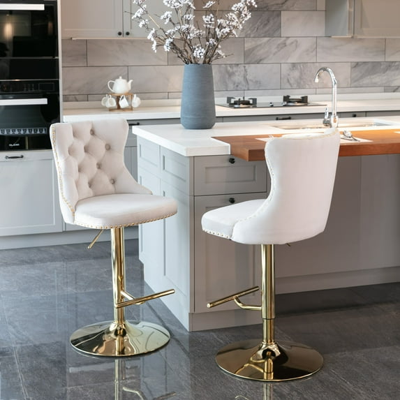 Counter Height Bar Stools from 25-33 Inch, Swivel Barstools with High Back, Button Tufted and Nailheads Trim, Velvet Upholstered Bar Chairs for Kitchen Dining Room (Beige with Gold Base,Set of 2)