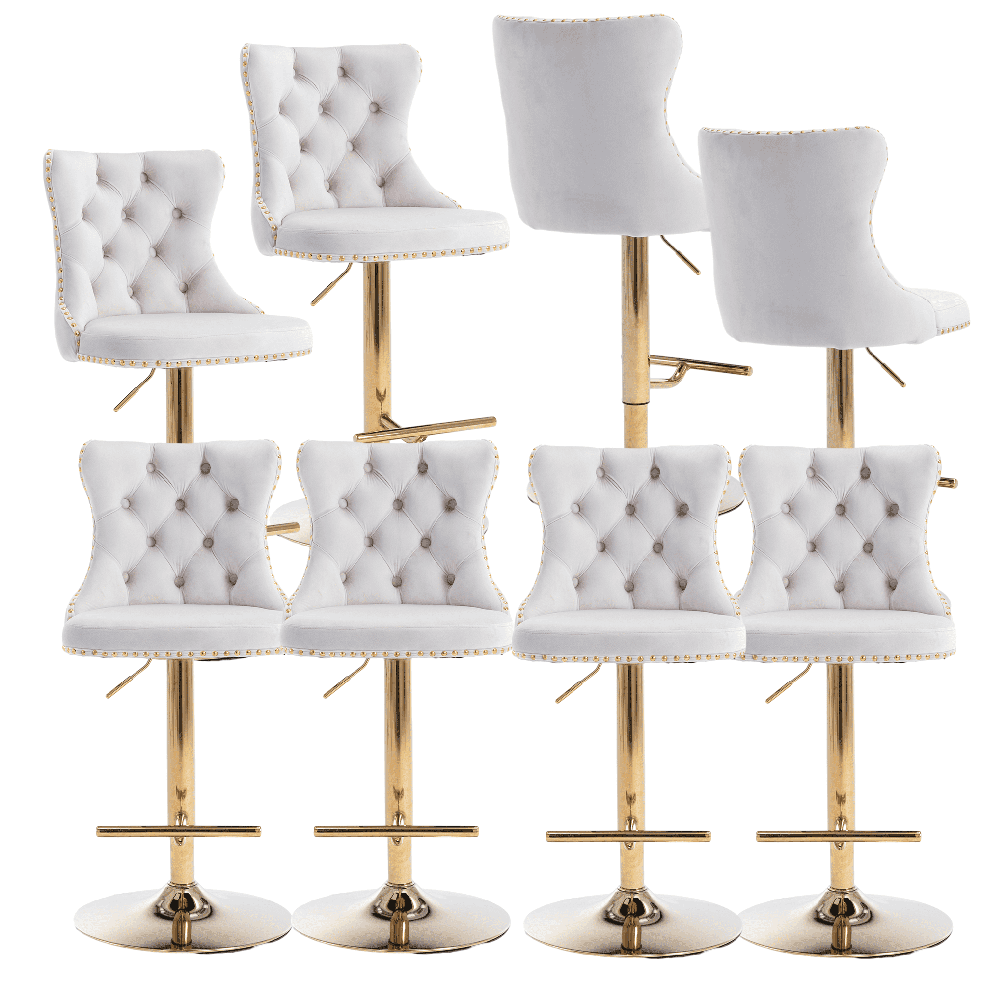 Counter Height Bar Stools from 25-33 Inch, Swivel Barstools with High Back, Button Tufted and Nailheads Trim, Velvet Upholstered Bar Chairs for Kitchen Dining Room (Beige with Gold Base,Set of 8)