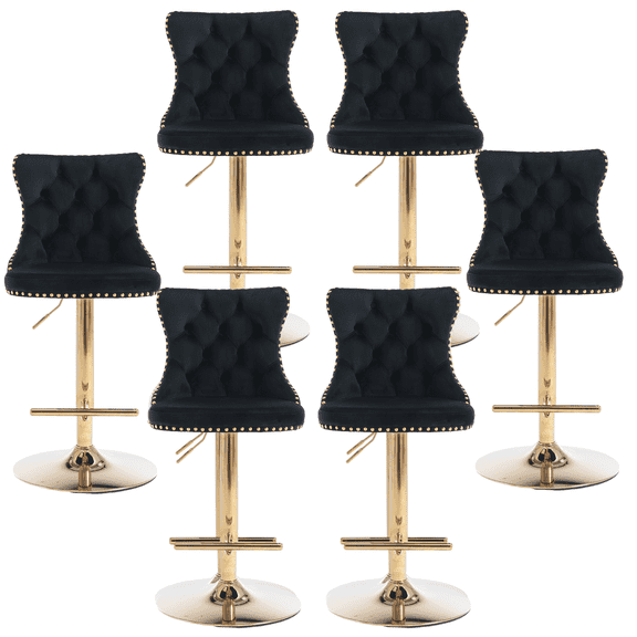 Counter Height Bar Stools from 25-33 Inch, Swivel Barstools with High Back, Button Tufted and Nailheads Trim, Velvet Upholstered Bar Chairs for Kitchen Dining Room (Black with Gold Base,Set of 6)
