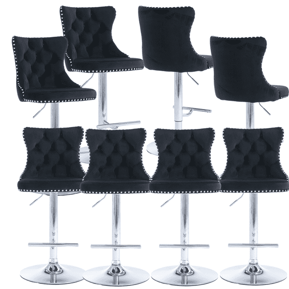 Counter Height Bar Stools from 25-33 Inch, Swivel Barstools with High Back, Button Tufted and Nailheads Trim, Velvet Upholstered Bar Chairs for Kitchen Dining Room (Black with Silver Base,Set of 8)