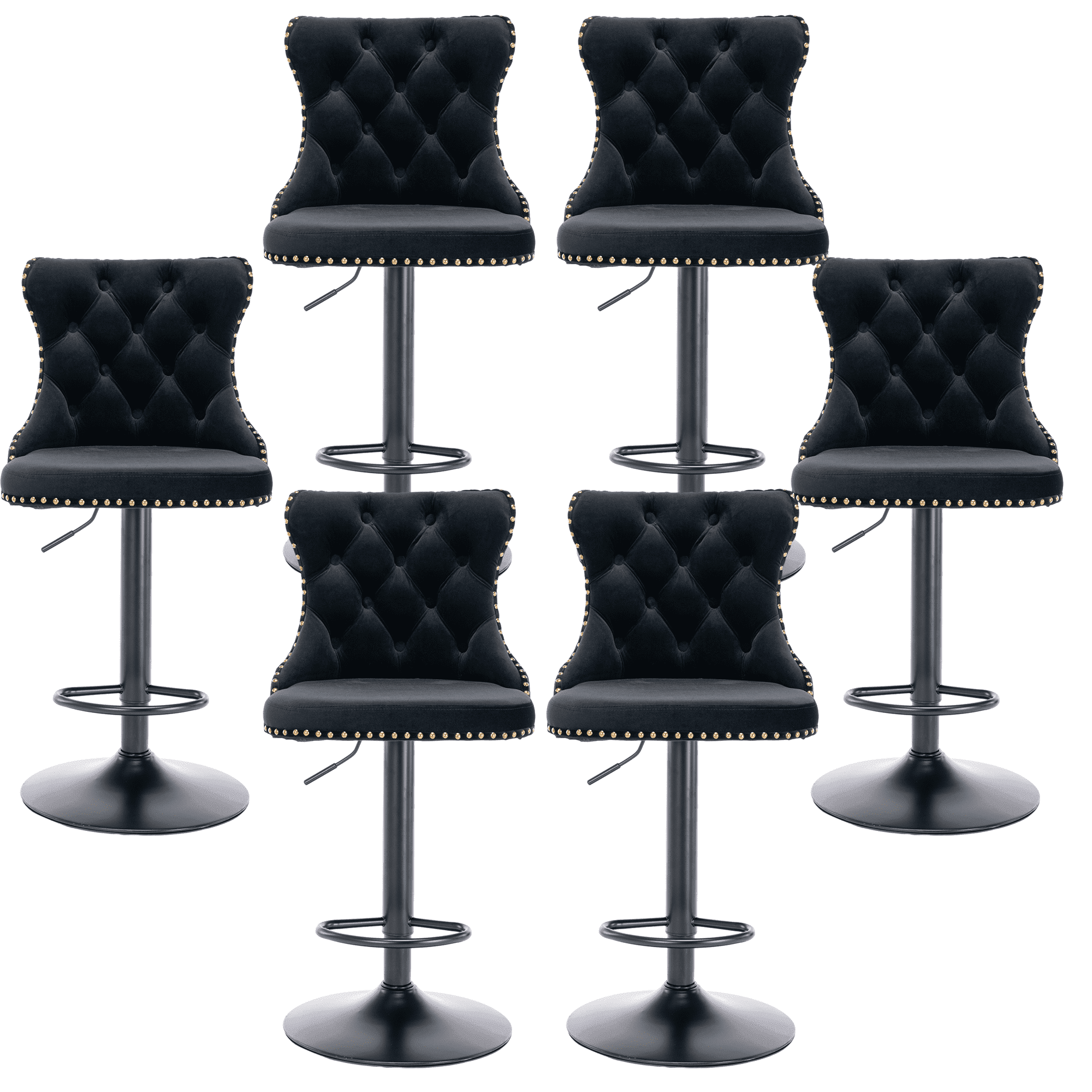 Counter Height Bar Stools from 25-33 Inch, Swivel Barstools with High Back, Button Tufted and Nailheads Trim, Velvet Upholstered Bar Chairs for Kitchen Dining Room (Black with Black Base,Set of 6)