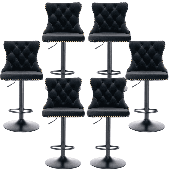Counter Height Bar Stools from 25-33 Inch, Swivel Barstools with High Back, Button Tufted and Nailheads Trim, Velvet Upholstered Bar Chairs for Kitchen Dining Room (Black with Black Base,Set of 6)