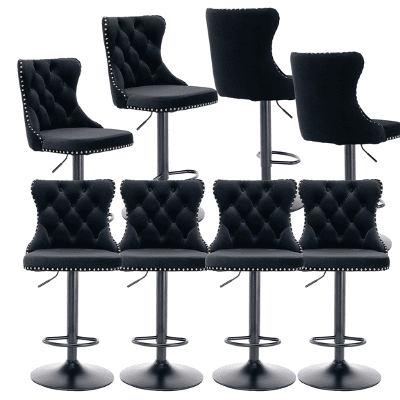 Counter Height Bar Stools from 25-33 Inch, Swivel Barstools with High Back, Button Tufted and Nailheads Trim, Velvet Upholstered Bar Chairs for Kitchen Dining Room (Black with Black Base,Set of 8)