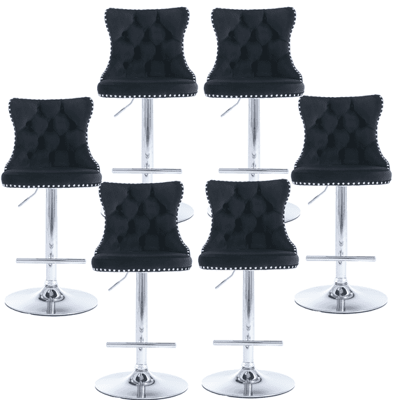 Counter Height Bar Stools from 25-33 Inch, Swivel Barstools with High Back, Button Tufted and Nailheads Trim, Velvet Upholstered Bar Chairs for Kitchen Dining Room (Black with Silver Base,Set of 6)