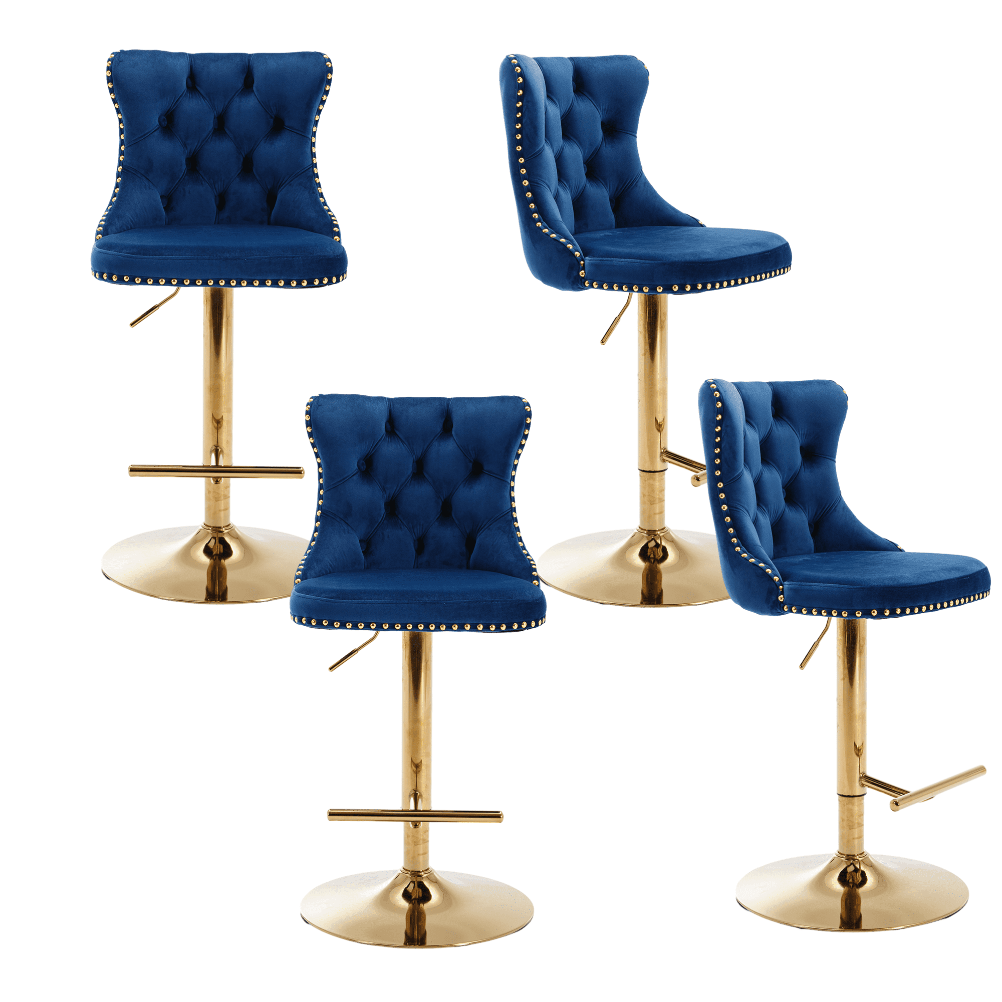 Counter Height Bar Stools from 25-33 Inch, Swivel Barstools with High Back, Button Tufted and Nailheads Trim, Velvet Upholstered Bar Chairs for Kitchen Dining Room (Blue with Gold Base,Set of 4)