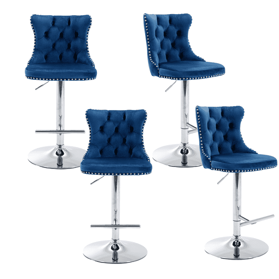 Counter Height Bar Stools from 25-33 Inch, Swivel Barstools with High Back, Button Tufted and Nailheads Trim, Velvet Upholstered Bar Chairs for Kitchen Dining Room (Blue with Silver Base,Set of 4)