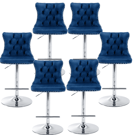 Counter Height Bar Stools from 25-33 Inch, Swivel Barstools with High Back, Button Tufted and Nailheads Trim, Velvet Upholstered Bar Chairs for Kitchen Dining Room (Blue with Silver Base,Set of 6)