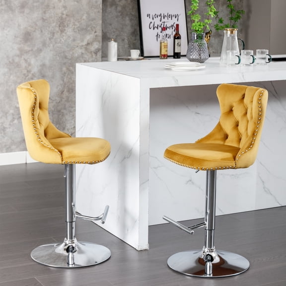 Counter Height Bar Stools from 25-33 Inch, Swivel Barstools with High Back, Button Tufted and Nailheads Trim, Velvet Upholstered Bar Chairs for Kitchen Dining Room (Gold with Silver Base,Set of 2)