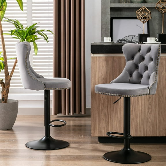 Counter Height Bar Stools from 25-33 Inch, Swivel Barstools with High Back, Button Tufted and Nailheads Trim, Velvet Upholstered Bar Chairs for Kitchen Dining Room (Gray with Black Base,Set of 2)