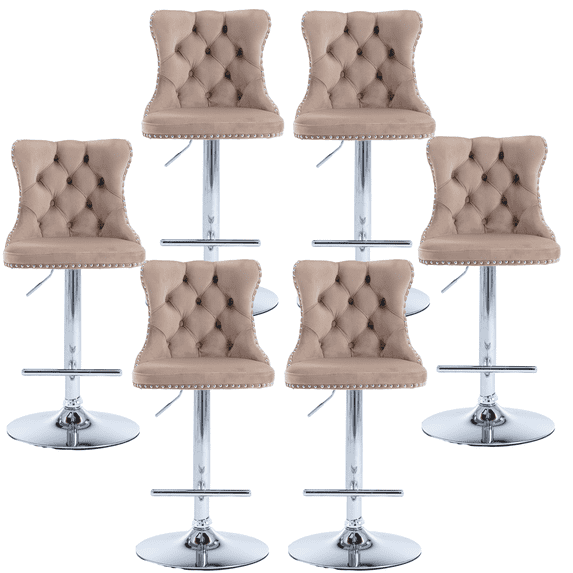 Counter Height Bar Stools from 25-33 Inch, Swivel Barstools with High Back, Button Tufted and Nailheads Trim, Velvet Upholstered Bar Chairs for Kitchen Dining Room (Khaki with Silver Base,Set of 6)