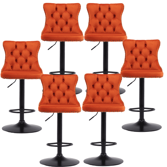 Counter Height Bar Stools from 25-33 Inch, Swivel Barstools with High Back, Button Tufted and Nailheads Trim, Velvet Upholstered Bar Chairs for Kitchen Dining Room (Orange with Black Base,Set of 6)