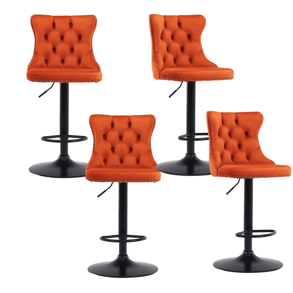 Counter Height Bar Stools from 25-33 Inch, Swivel Barstools with High Back, Button Tufted and Nailheads Trim, Velvet Upholstered Bar Chairs for Kitchen Dining Room (Orange with Black Base,Set of 4)