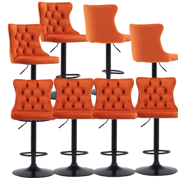 Counter Height Bar Stools from 25-33 Inch, Swivel Barstools with High Back, Button Tufted and Nailheads Trim, Velvet Upholstered Bar Chairs for Kitchen Dining Room (Orange with Black Base,Set of 8)