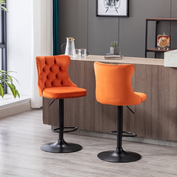 Counter Height Bar Stools from 25-33 Inch, Swivel Barstools with High Back, Button Tufted and Nailheads Trim, Velvet Upholstered Bar Chairs for Kitchen Dining Room (Orange with Black Base,Set of 2)