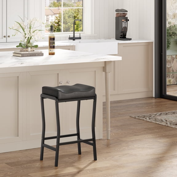 Counter Height Bar Stools, 26.2" Barstools with Thick Padded Seat, Sturdy Metal Frame & Footrest, Faux Leather Saddle Stools for Kitchen, Dining Room