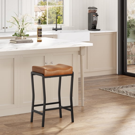 Counter Height Bar Stools, 26.2" Barstools with Thick Padded Seat, Sturdy Metal Frame & Footrest, Faux Leather Saddle Stools for Kitchen, Dining Room