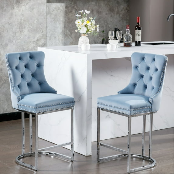 Counter Height Bar Stools, 26", 2pcs , Blue Velvet With Button Back & Rivet Trim, Strong Metal Base For Kitchen And Home Dining Room 2 Pack 26" Upholstered Stable