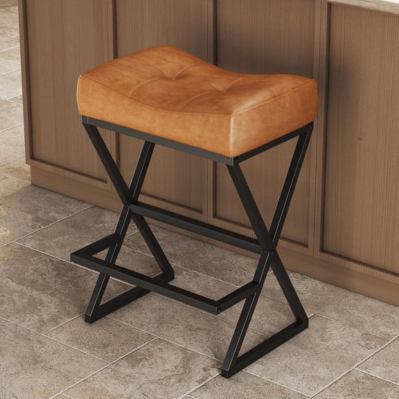 Counter Height Bar Stools, 26" Saddle Barstools with Footrest, 1 Pack Brown | 300lb Weight Capacity, Waterproof PU Leather, Padded Saddle Seat, X-Shaped Metal Legs, Industrial, Home & Commercial Use