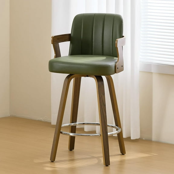 Counter Height Bar Stools, 26" Seat Height Swivel Counter Stools with Back and Dual Arms, Faux Leather Upholstered Bar Chairs with Bent Wood Legs for Kitchen Island, Green