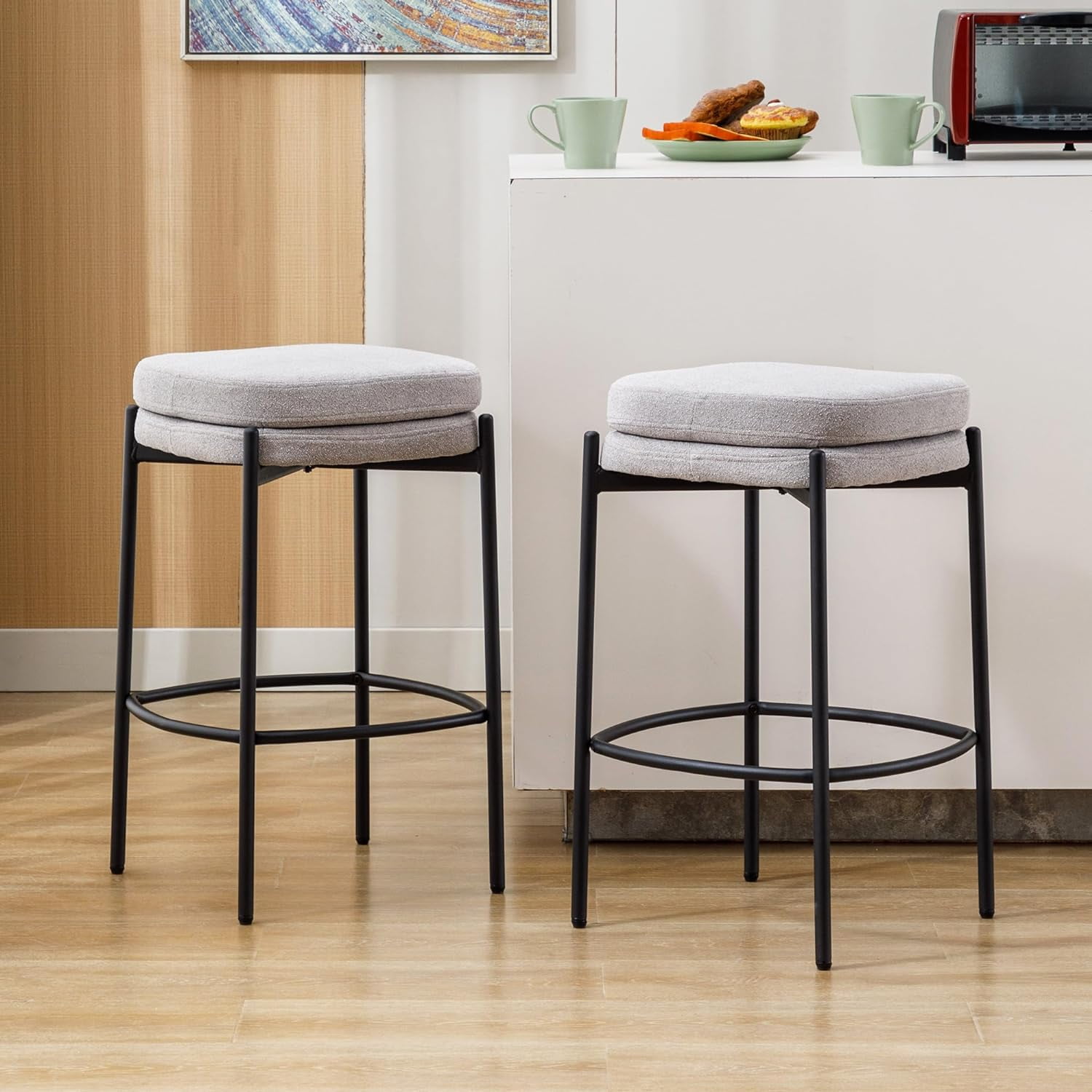 Counter Height Bar Stools 26" Set of 2 Round Bar Chairs with Footrest