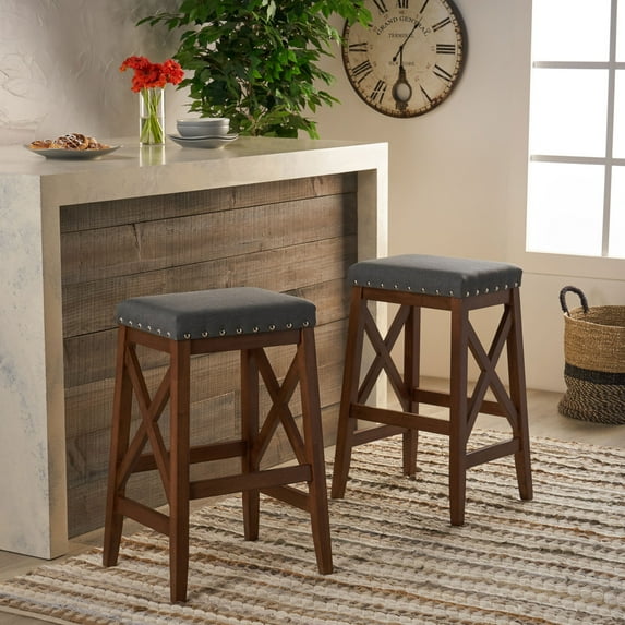 Counter Height Bar Stools, 29.6" Square Saddle Barstools Set of 2, Modern Backless Leather Counter Stool for Kitchen Island Counter, Home Bar, Bistro, Grey