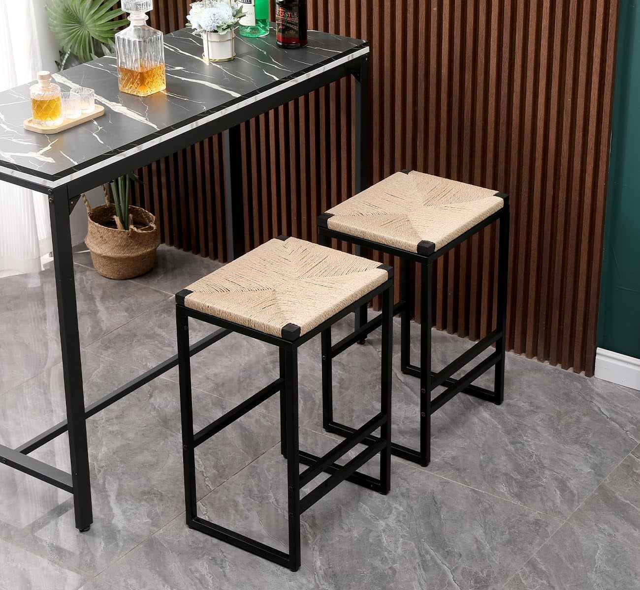 Counter Height Bar Stools 34 inch Bar Height Stools Paper Rope Woven Bar Stools Set of 2 Farmhouse Island Chair with Metal Frame Honey with Back