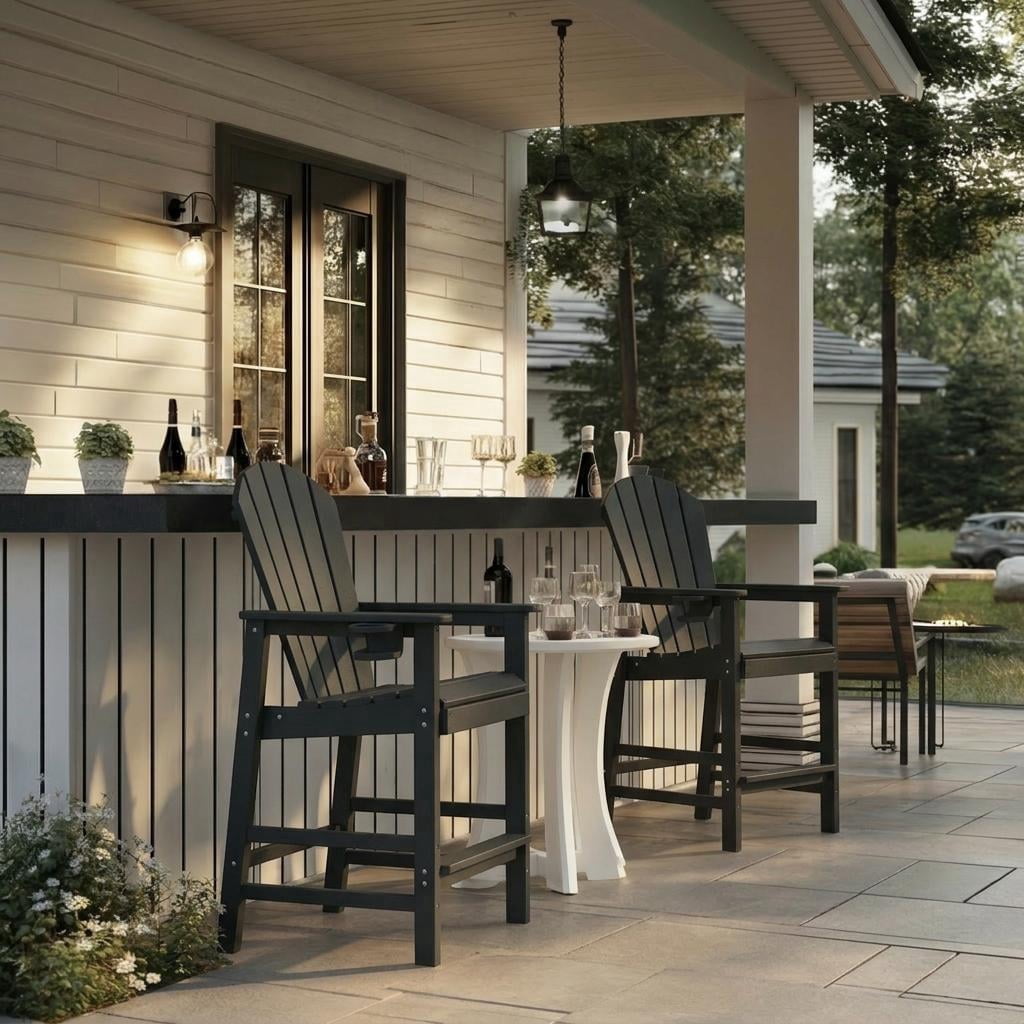 All-Weather Bar Height Adirondack Chair, Outdoor Patio Bar Stool with Armrests & Cup Holder, UV/Weather Resistant, Ergonomic High-Back Design for Deck Backyard Poolside 1PC