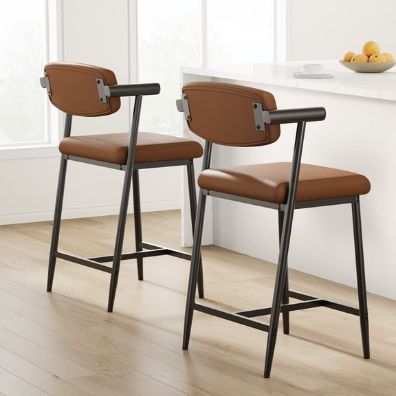 Counter Height Bar Stools with Armrests, Footrest and Soft Back, Metal Frame Bar Stools with Wide Upholstered Seat for Kitchen Islands and Counter Bars, Model A600-7, Coffee Brown