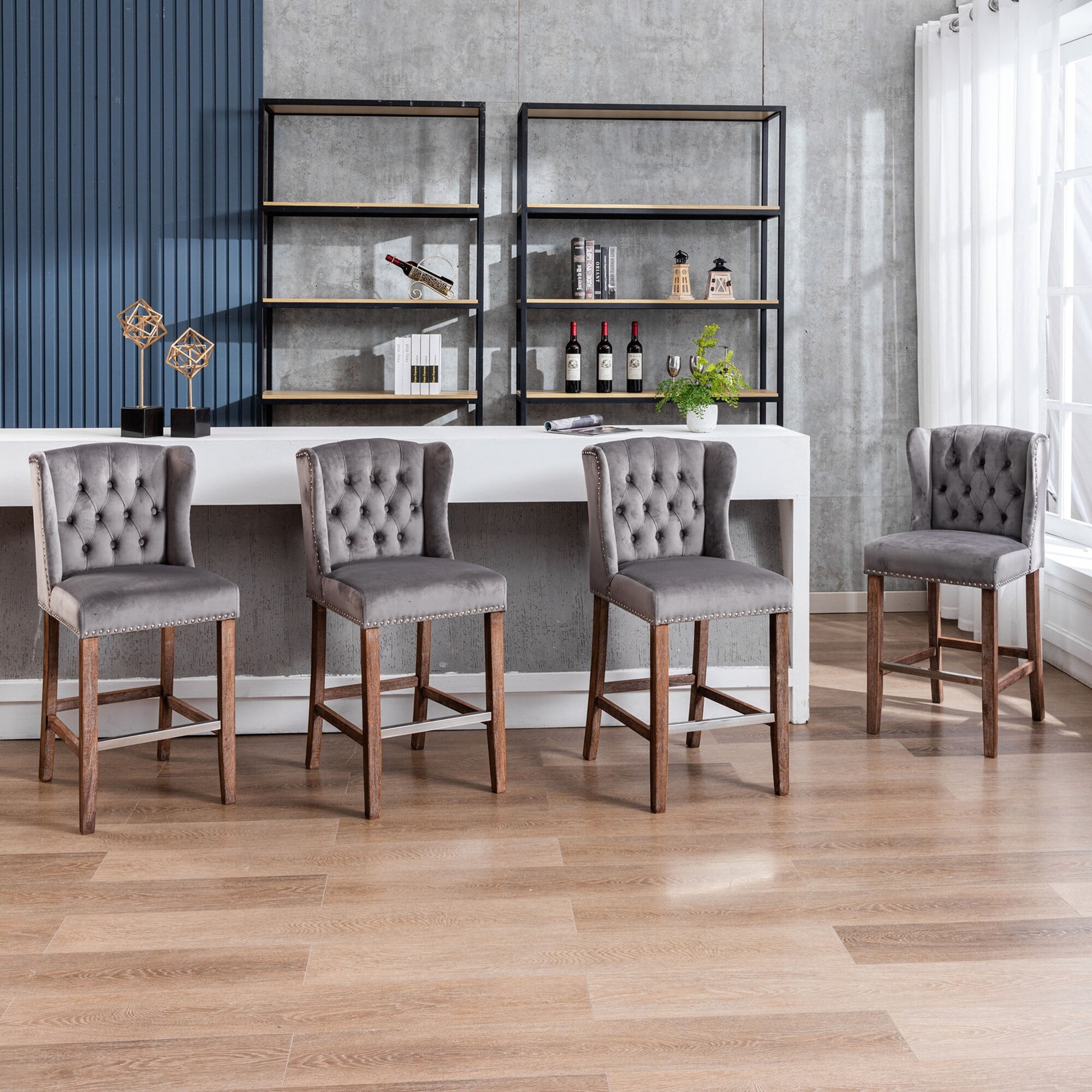 Gray Velvet Wingback Counter Height Bar Stools with Nailhead Trim