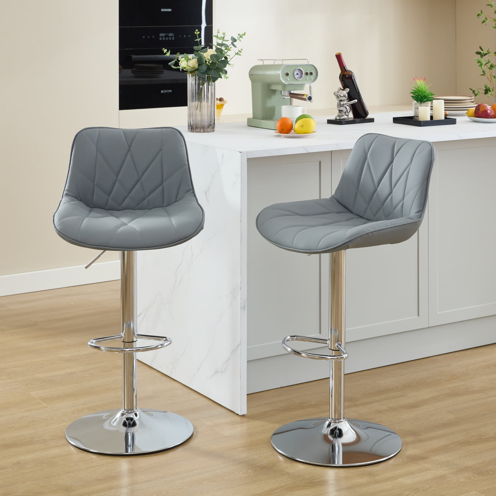 Gray Faux Leather Adjustable Swivel Bar Stools with Chrome Base