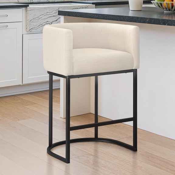 Counter Height Bar Stools, Modern Barrel Counter Stools with Backrest and Arms, Black Metal Frames, Linen Fabric Upholstered Barstools for Kitchen, Light Linen Color
