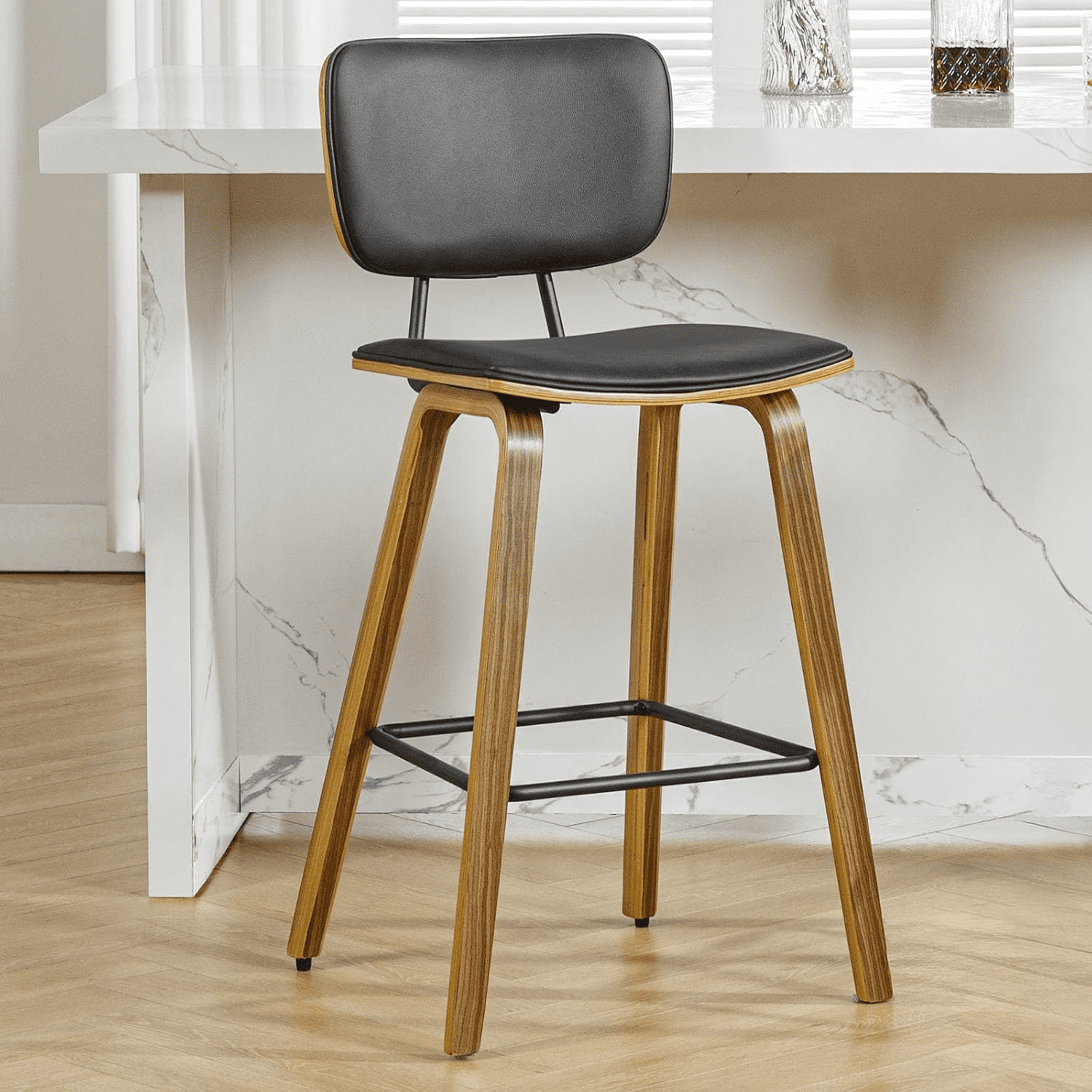 Counter Height Bar Stools PU Leather Upholstered Barstools with Backs Bent Wood Legs 26 Inch ...