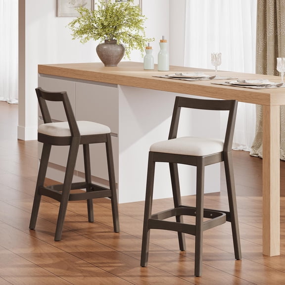 Counter Height Bar Stools, Rubberwood Stools with Beige Polyester Fabric Seat and Dark Brown Finish, Farmhouse Dining Stools for Kitchen, Breakfast Nook, Cafe, Set of 2