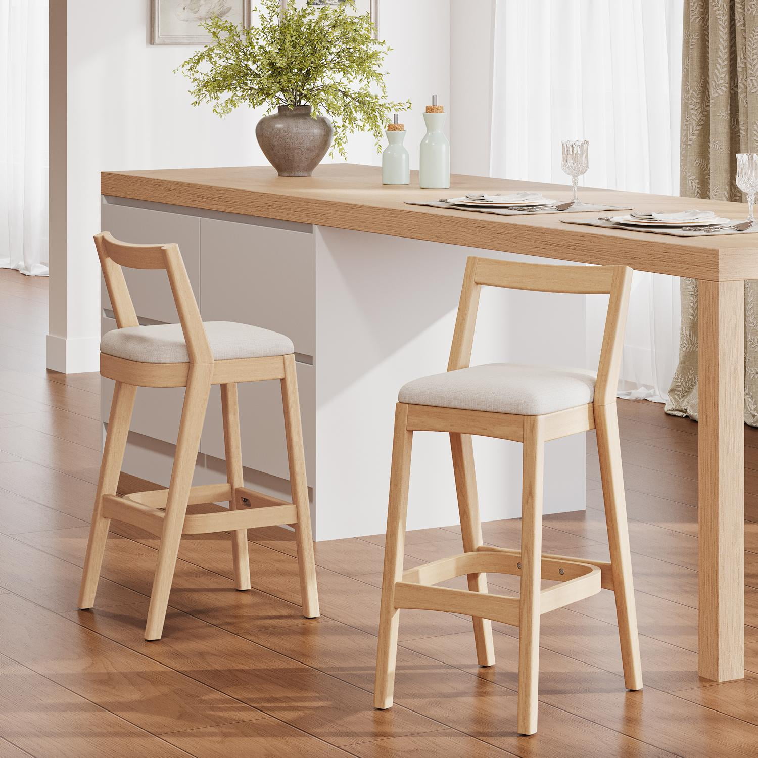 Counter Height Bar Stools, Rubberwood Stools with Beige Polyester Fabric Seat and Natural Wood Finish, Rustic Dining Stools for Kitchen, Pub, Dining Room, Set of 2